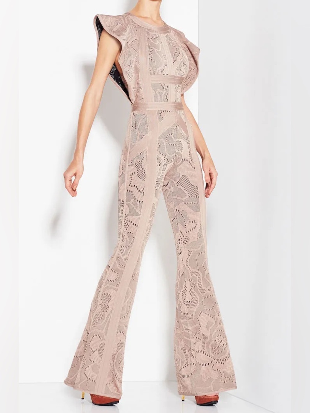 Herve Leger Blush Lace Knit Flared Jumpsuit